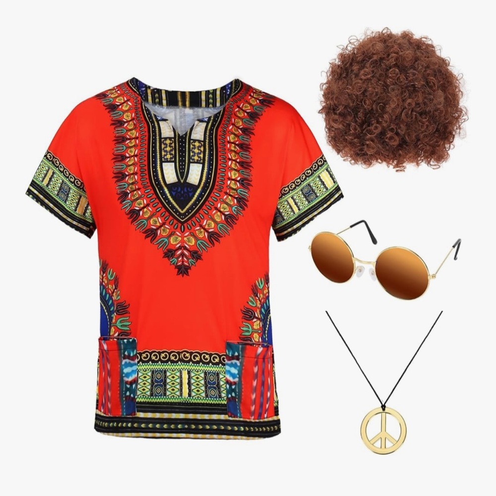70s Hippie Costume Set Men Shirt Afro Wig Sunglasses Peace Necklace L ☮️🕺